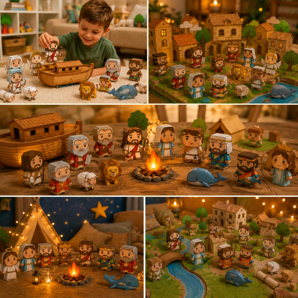 Escenas bíblicas en paper toy montadas: la aldea, el arca de Noé y la fogata