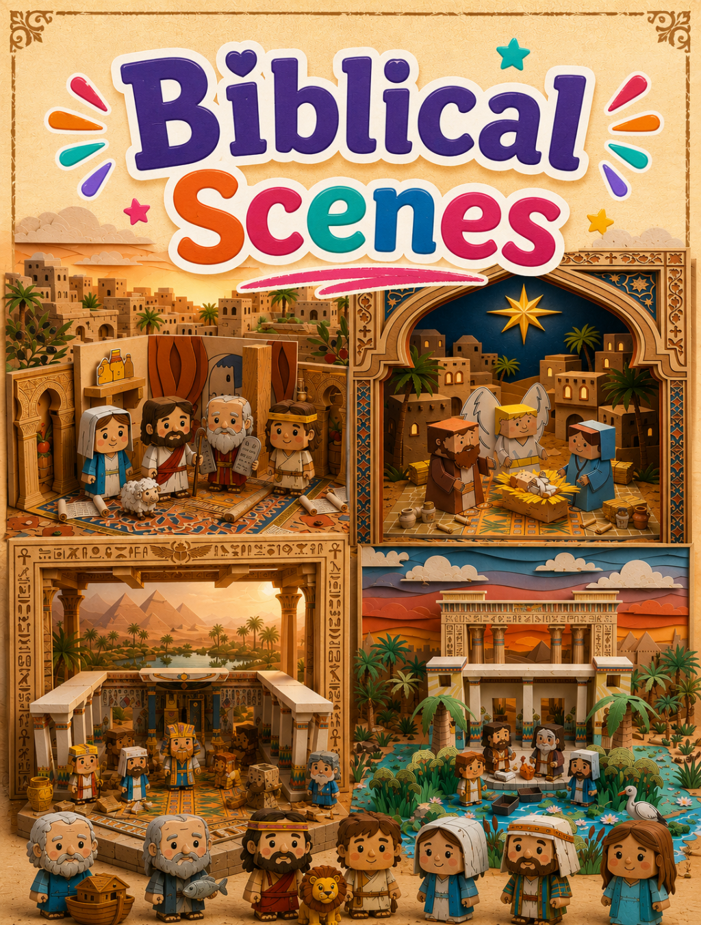 Póster de escenas bíblicas: casa antigua, Belén, templo egipcio y oasis